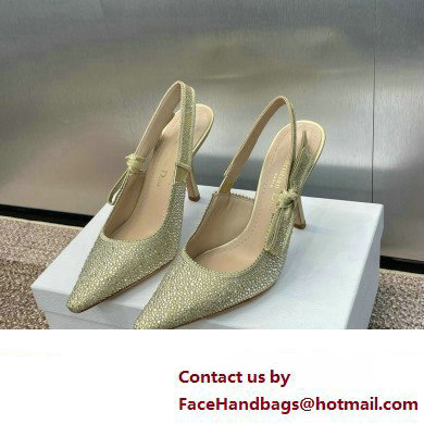 Dior heel 9.5CM J'Adior Slingback Pump IN Cotton Embroidered with Gold-Tone Metallic Thread and Strass 2024