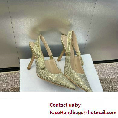 Dior heel 9.5CM J'Adior Slingback Pump IN Cotton Embroidered with Gold-Tone Metallic Thread and Strass 2024