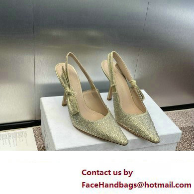 Dior heel 9.5CM J'Adior Slingback Pump IN Cotton Embroidered with Gold-Tone Metallic Thread and Strass 2024