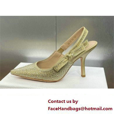 Dior heel 9.5CM J'Adior Slingback Pump IN Cotton Embroidered with Gold-Tone Metallic Thread and Strass 2024