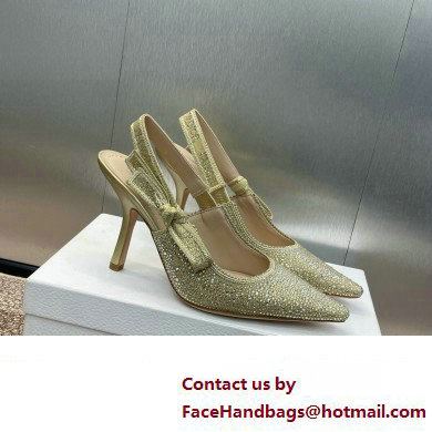 Dior heel 9.5CM J'Adior Slingback Pump IN Cotton Embroidered with Gold-Tone Metallic Thread and Strass 2024