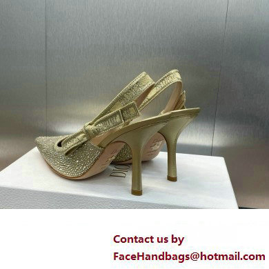 Dior heel 9.5CM J'Adior Slingback Pump IN Cotton Embroidered with Gold-Tone Metallic Thread and Strass 2024