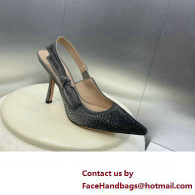 Dior heel 9.5CM J'Adior Slingback Pump IN Cotton Embroidered with Metallic Thread and Gradient Black and Gold-Tone Strass 2024