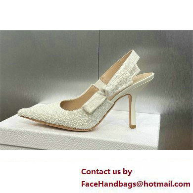 Dior heel 9.5CM J'Adior Slingback Pump IN Embroidered Cotton and White Resin Pearls 2024