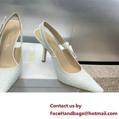 Dior heel 9.5CM J'Adior Slingback Pump IN Embroidered Cotton and White Resin Pearls 2024