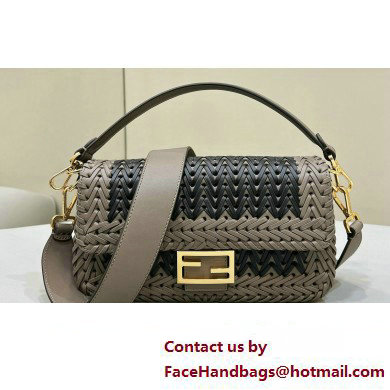 Fendi Medium Baguette Bag Black and Dove Gray interlaced leather and raffia 2024 - Click Image to Close