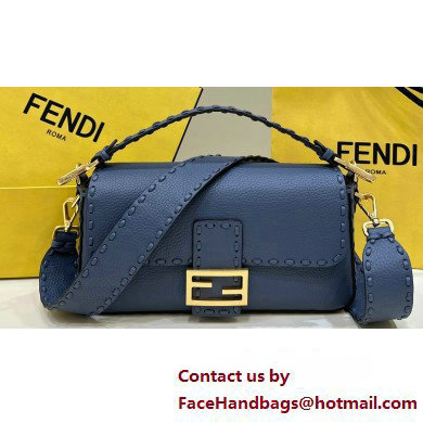 Fendi Medium Baguette Bag Blue Selleria with oversize topstitching 2024