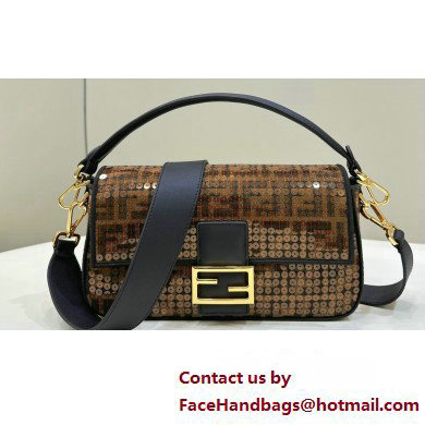 Fendi Medium Baguette Bag Brown FF jacquard fabric with sequins 2024