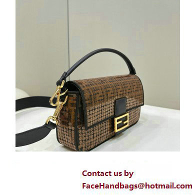 Fendi Medium Baguette Bag Brown FF jacquard fabric with sequins 2024