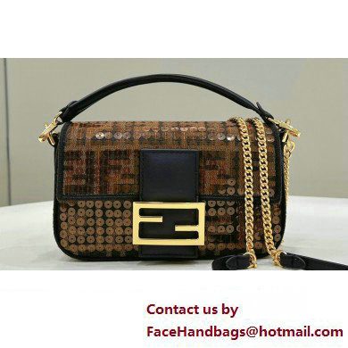 Fendi Mini Baguette Bag Brown FF jacquard fabric with sequins 2024 - Click Image to Close