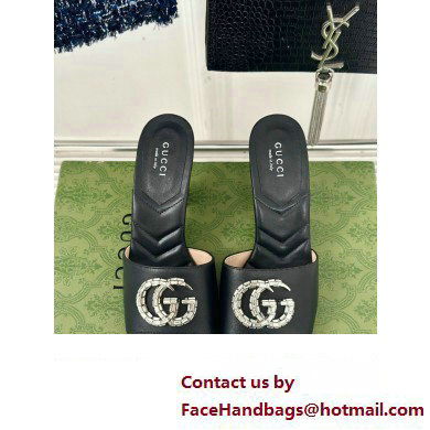 Gucci Heel 7cm Crystal Double G Slides Sandals Black 2024