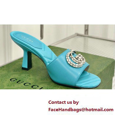 Gucci Heel 7cm Crystal Double G Slides Sandals Blue 2024 - Click Image to Close