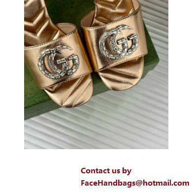 Gucci Heel 7cm Crystal Double G Slides Sandals Gold 2024