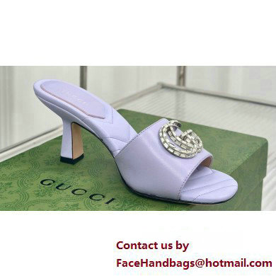 Gucci Heel 7cm Crystal Double G Slides Sandals Lilac 2024 - Click Image to Close