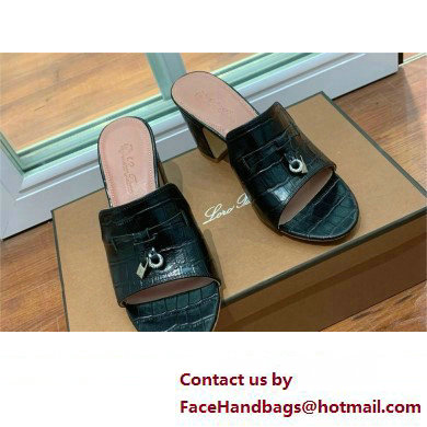 Loro Piana HEEL 8cm crocodile pattern leather summer charms mules BLACK 2024 - Click Image to Close