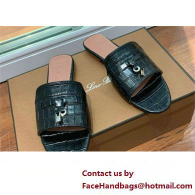 Loro Piana crocodile pattern leather summer charms mules BLACK 2024