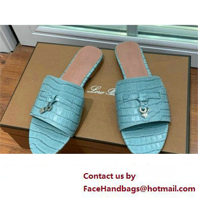 Loro Piana crocodile pattern leather summer charms mules BLUE 2024 - Click Image to Close