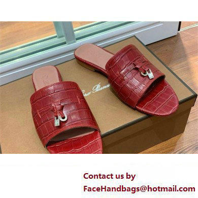 Loro Piana crocodile pattern leather summer charms mules BURGUNDY 2024 - Click Image to Close