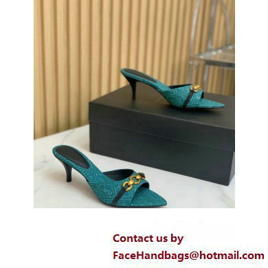 Saint Laurent Heel 4cm le maillon mules with a cable-link chain in Denim Green 2024