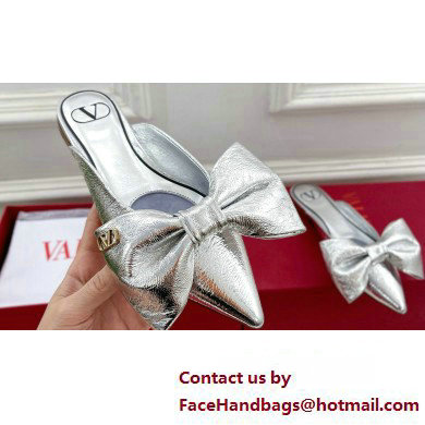 Valentino Un Chateau Bow Flat Mules Metallic Silver 2024