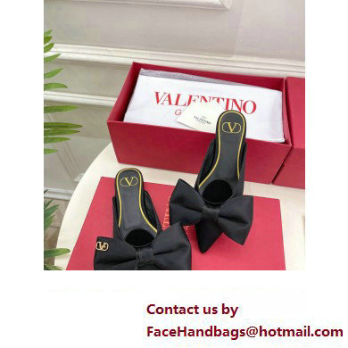 Valentino Un Chateau Bow Flat Mules Satin Black 2024 - Click Image to Close