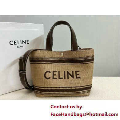 CELINE Mini Cabas in Textile with raffia effect and calfskin Natural / Chestnut 2025 - Click Image to Close