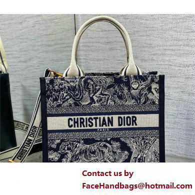 DIOR SMALL BOOK TOTE IN Blue and Ecru Toile de Jouy Reverse Embroidery and Blue Calfskin 2025 - Click Image to Close