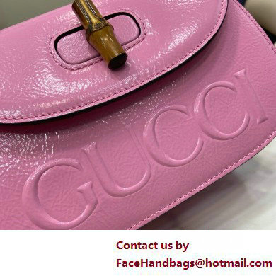 Gucci Bamboo 1947 Patent Leather Small bag with Embossed GUCCI Logo pink 675797 2025