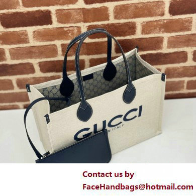 Gucci Medium tote bag with Gucci print 772176 in Beige/Blue cotton linen canvas 2025