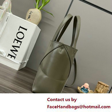 LOEWE Mini Puzzle Fold Tote in shiny calfskin 052322 dark khaki green 2025 - Click Image to Close