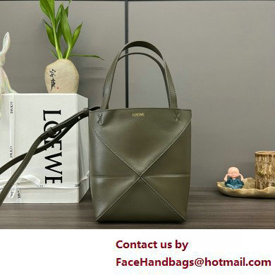 LOEWE Mini Puzzle Fold Tote in shiny calfskin 052322 dark khaki green 2025