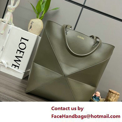 LOEWE Puzzle Fold Tote in shiny calfskin 052316 dark khaki green 2025