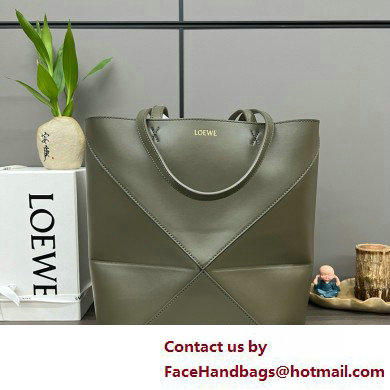 LOEWE Puzzle Fold Tote in shiny calfskin 052316 dark khaki green 2025