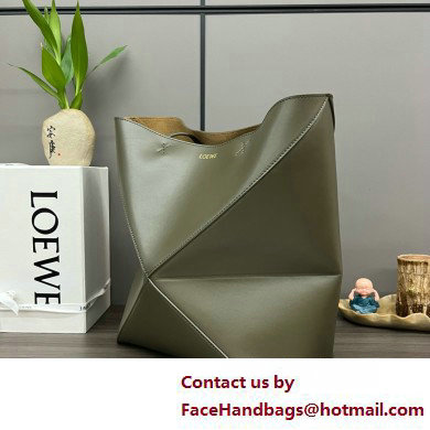 LOEWE Puzzle Fold Tote in shiny calfskin 052316 dark khaki green 2025