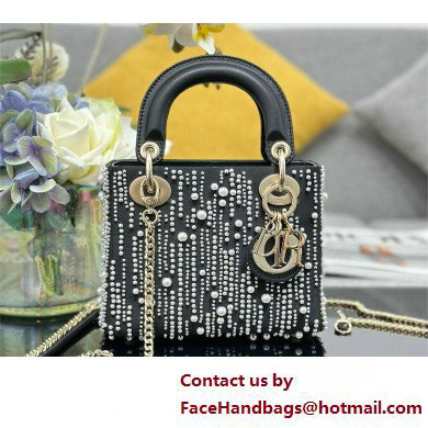 Mini Lady Dior Bag in Black Satin Embroidered with White Resin Pearls 2025