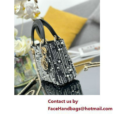 Mini Lady Dior Bag in Black Satin Embroidered with White Resin Pearls 2025