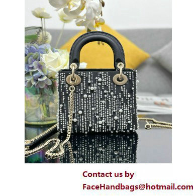 Mini Lady Dior Bag in Black Satin Embroidered with White Resin Pearls 2025