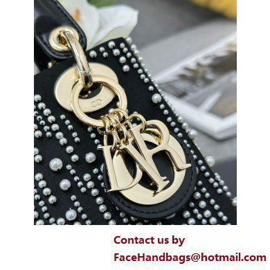 Mini Lady Dior Bag in Black Satin Embroidered with White Resin Pearls 2025