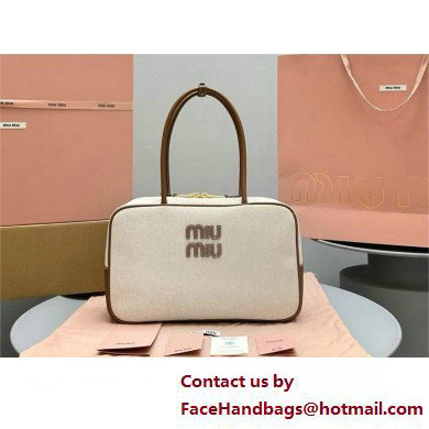 Miu Miu leather-trim canvas tote bag 5BB117 brown 2025 - Click Image to Close