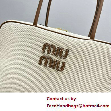 Miu Miu leather-trim canvas tote bag 5BB117 brown 2025