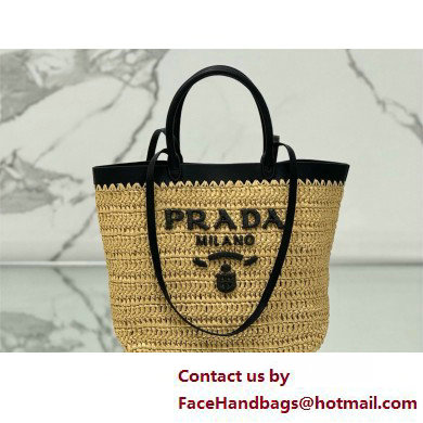 PRADA SMALL crochet and leather tote bag 1BG500 Tan/Black 2025