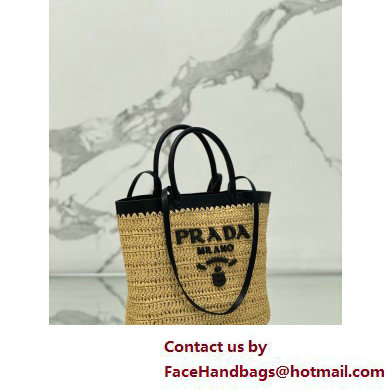 PRADA SMALL crochet and leather tote bag 1BG500 Tan/Black 2025