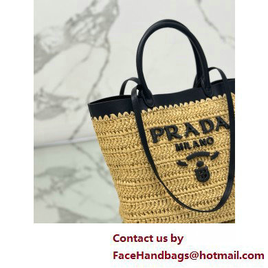 PRADA SMALL crochet and leather tote bag 1BG500 Tan/Black 2025