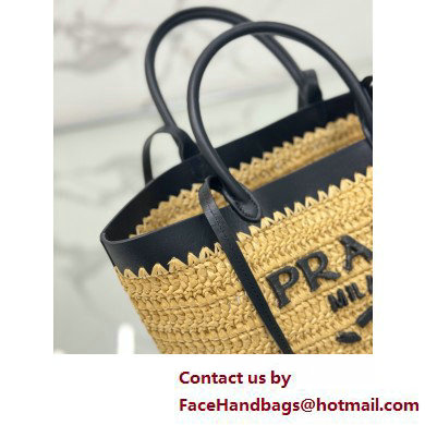 PRADA SMALL crochet and leather tote bag 1BG500 Tan/Black 2025