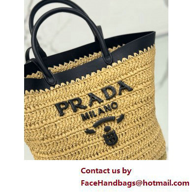 PRADA SMALL crochet and leather tote bag 1BG500 Tan/Black 2025