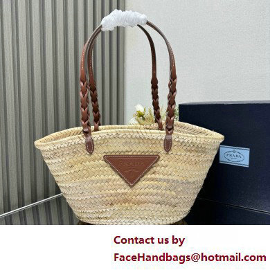 PRADA Woven Palm and Leather Tote 1BG314 Beige/Cognac 2025