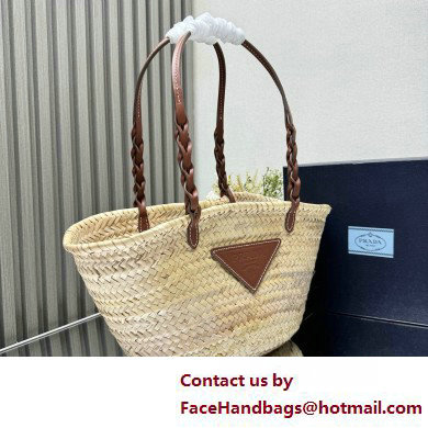 PRADA Woven Palm and Leather Tote 1BG314 Beige/Cognac 2025