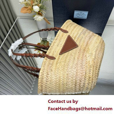 PRADA Woven Palm and Leather Tote 1BG314 Beige/Cognac 2025