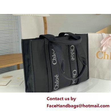 chloe large Woody tote bag in Recycled nylon with Chloe logo black 2025