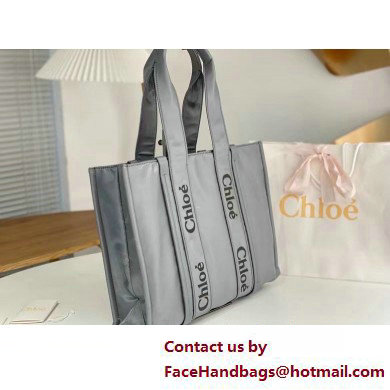 chloe large Woody tote bag in Recycled nylon with Chloe logo gray 2025